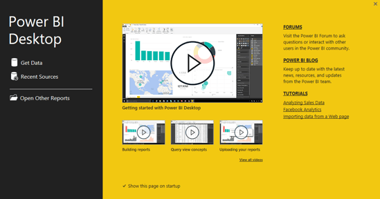 Power BI welcome screen