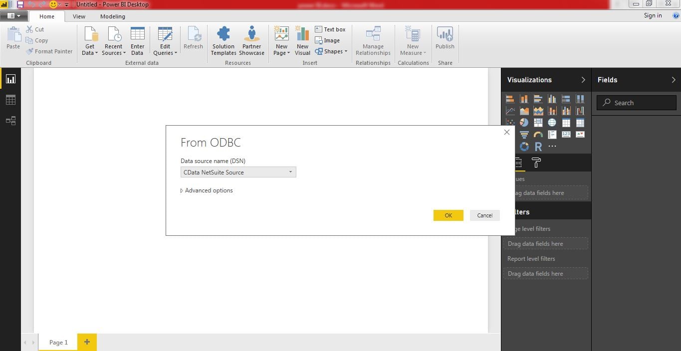 Select CData NetSuite Source for the Data Source Name in Power BI