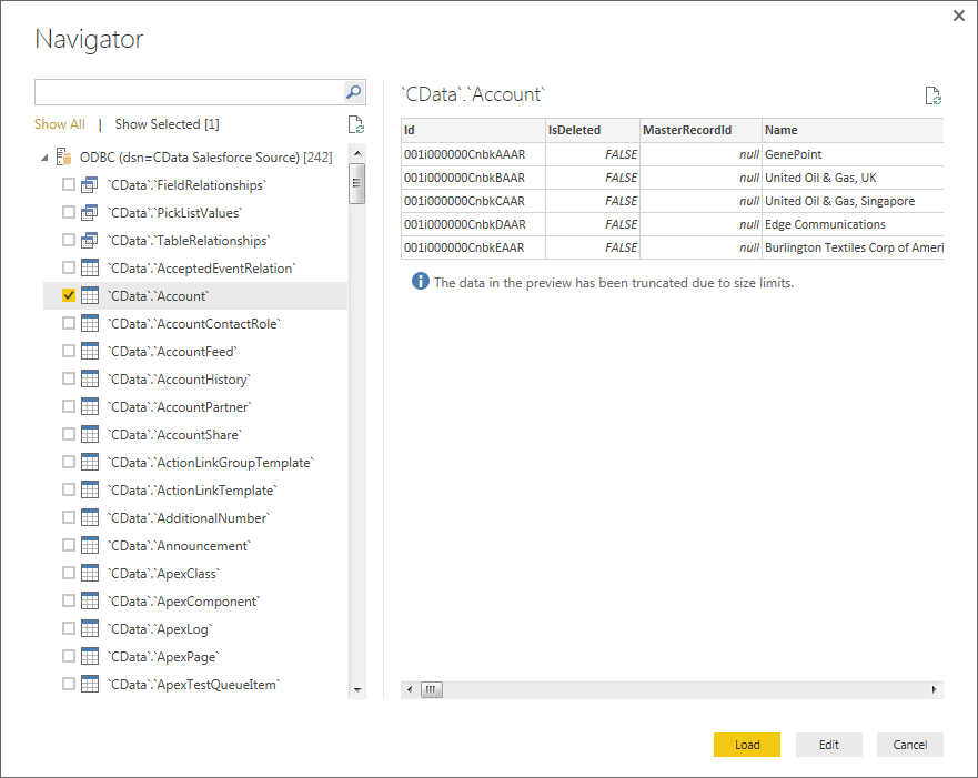 Selecting tables in Power BI Navigator dialog