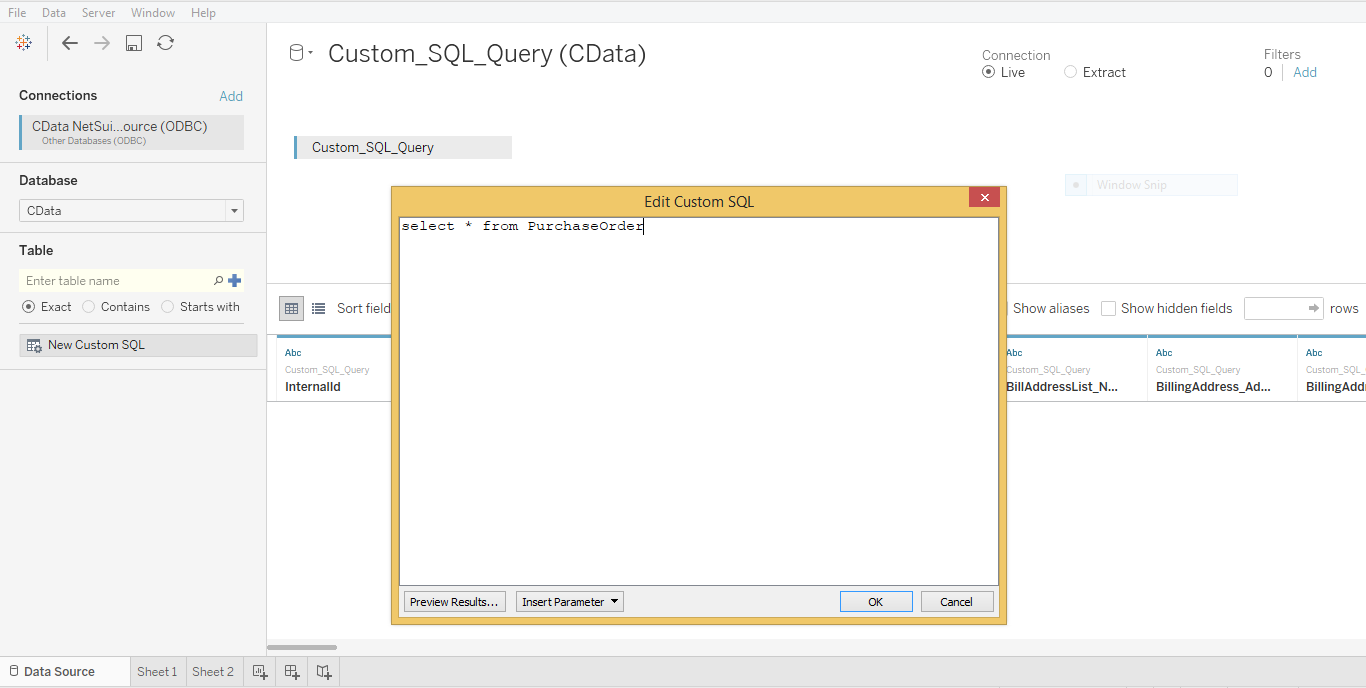 Entering Custom SQL in Tableau