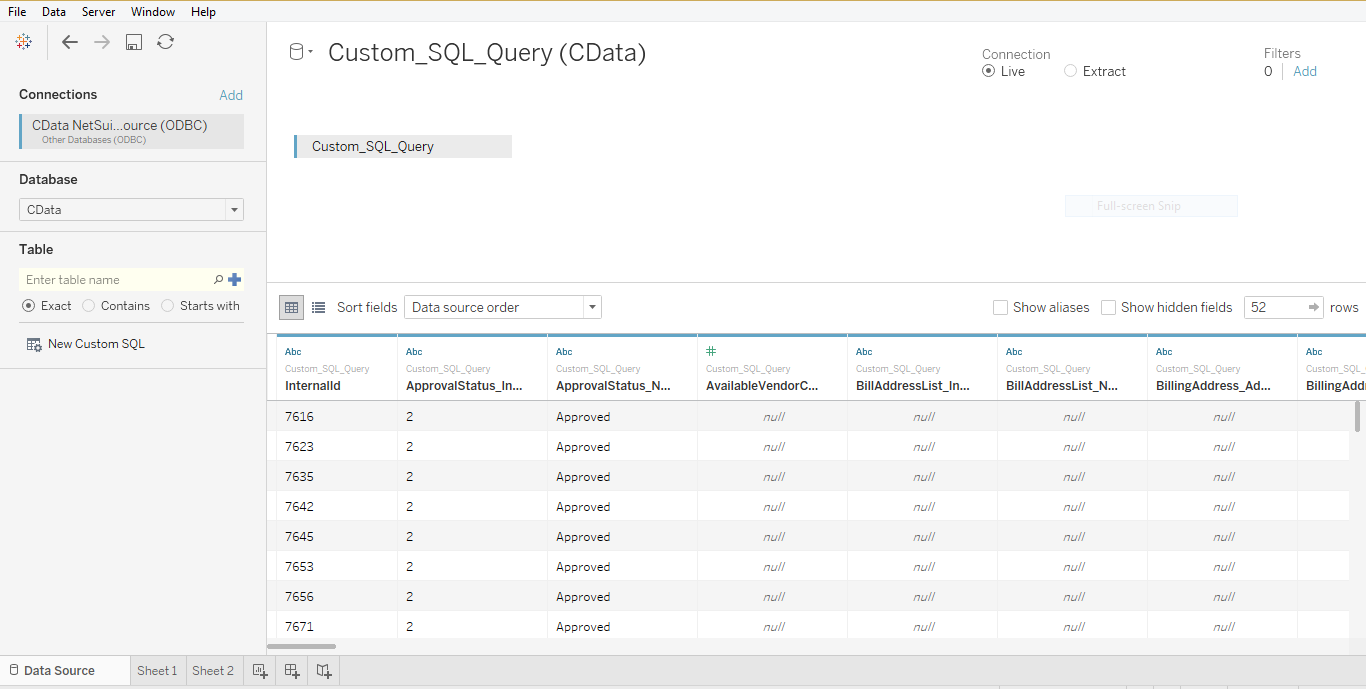 Records displayed in Tableau after executing custom SQL query