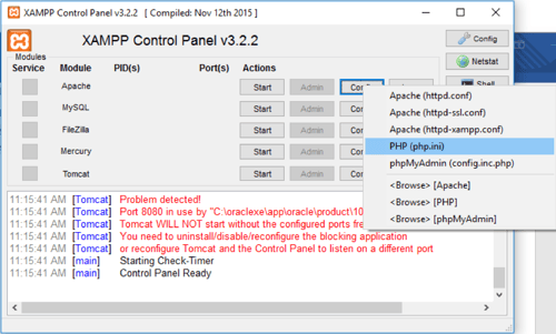 Xampp control panel screen