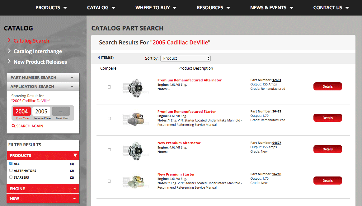 Automotive Parts eCatalog Search Filter Results Page